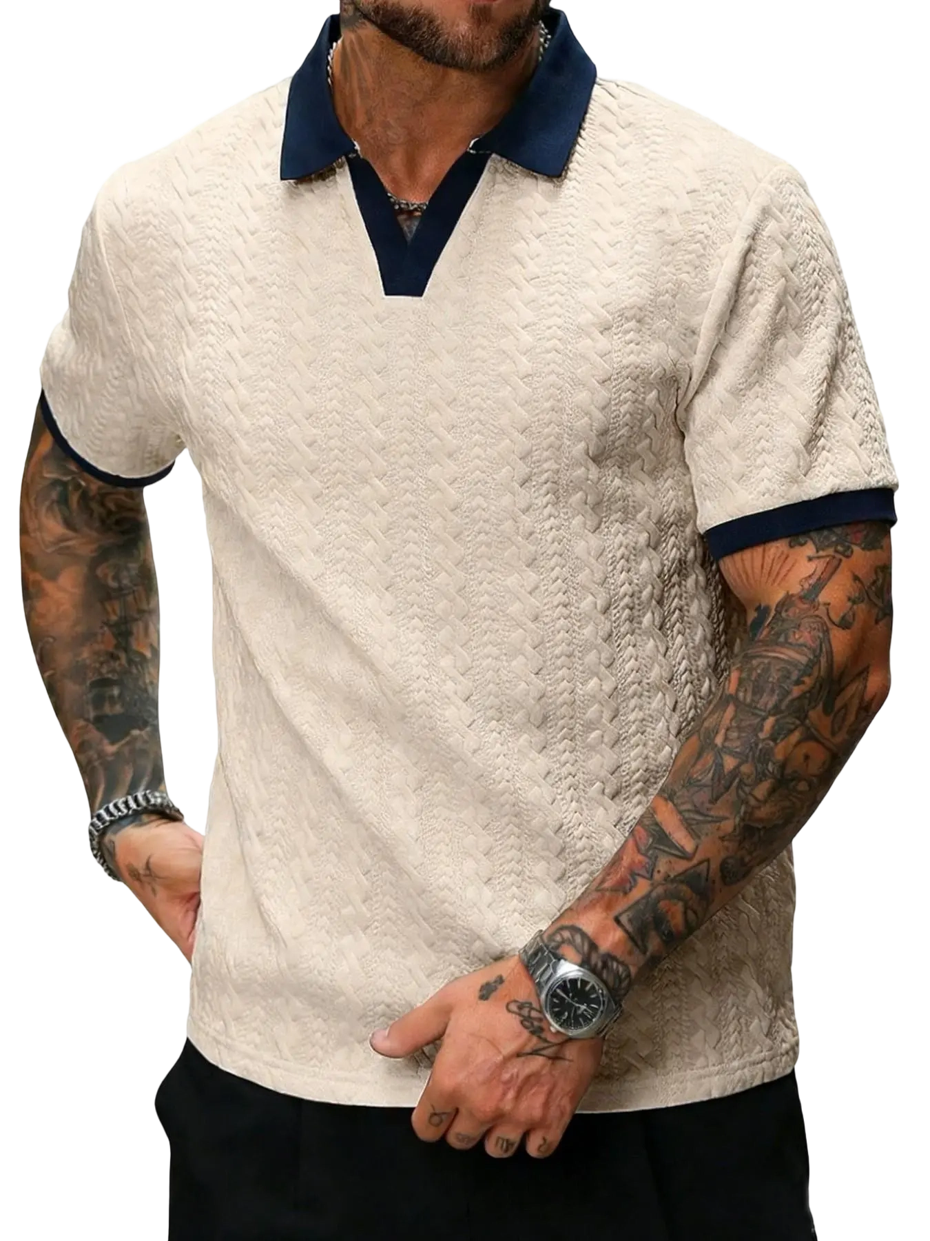 Men's Retro Colorblock Polo Shirt, Textured V Neck Short Sleeve Top, Casual Street Style, Summer Fashion, Fitted Leisurewear