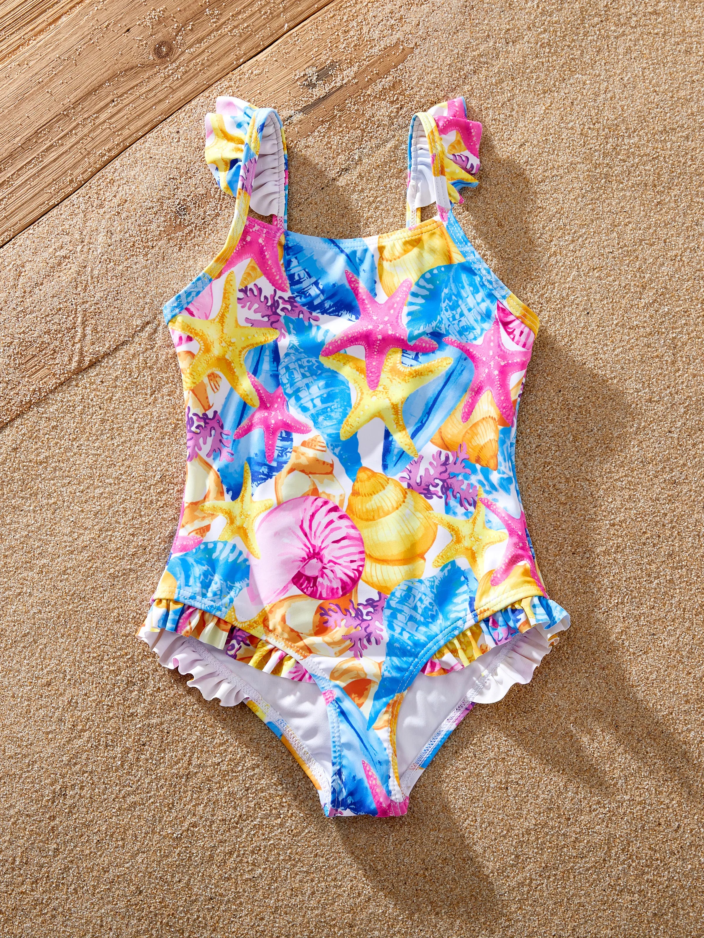 Family Matching Seashell & Starfish Print Swimsuits Ruched One-Piece & Swim Trunks Set Multi-color