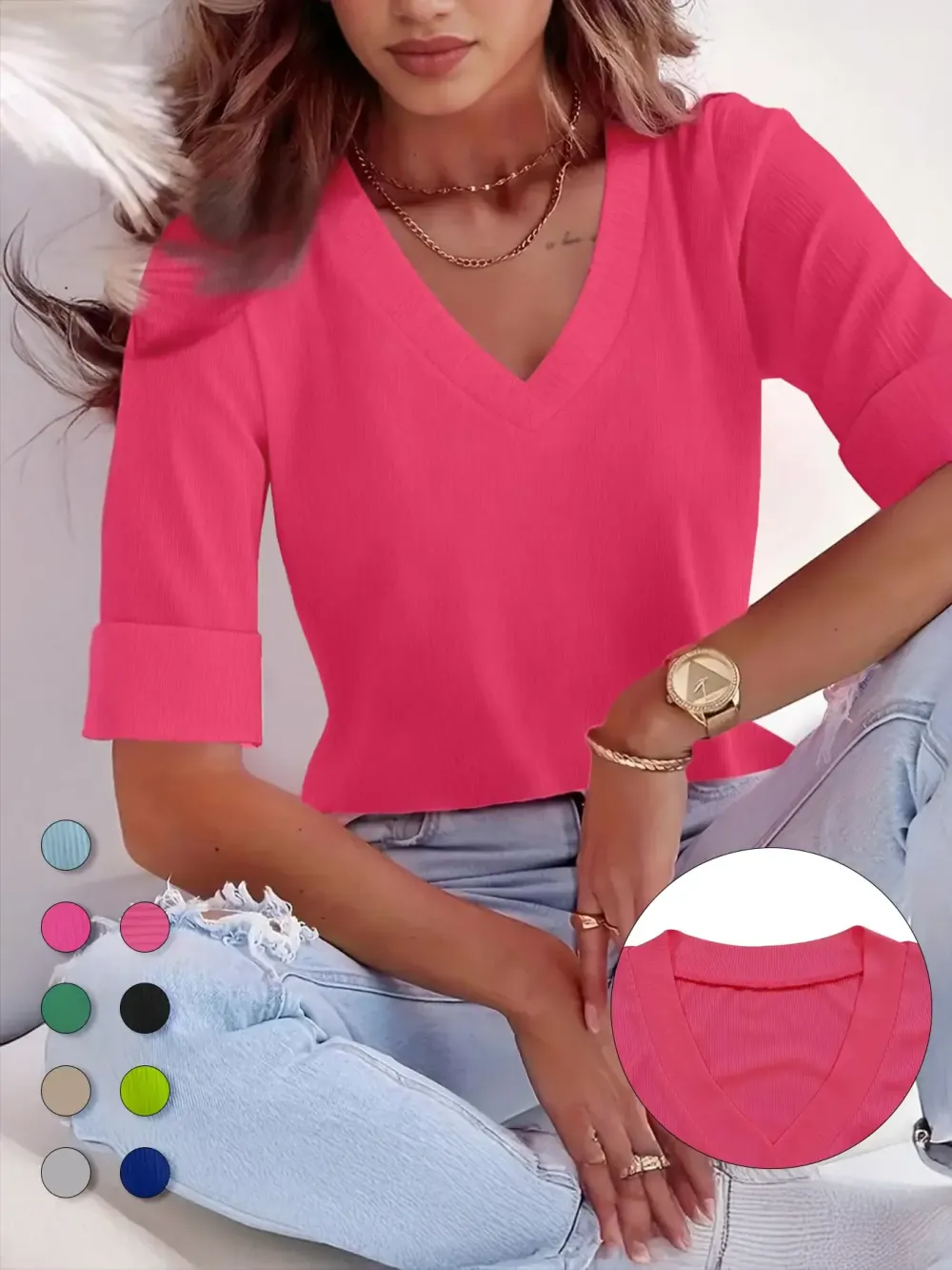 Plus Size Solid V Neck Roll Up Sleeve Tee, Casual Fitted T-shirt , Women's Plus Clothing for Daily Wear