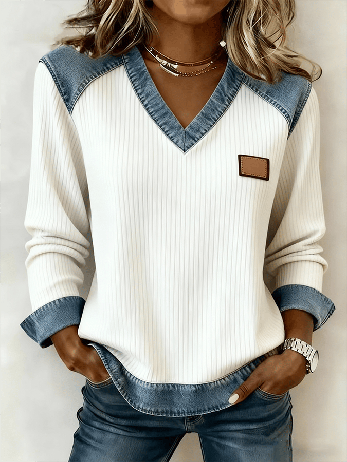 Women'S Casual V Neck  Patchwork Pullover Sweatshirt