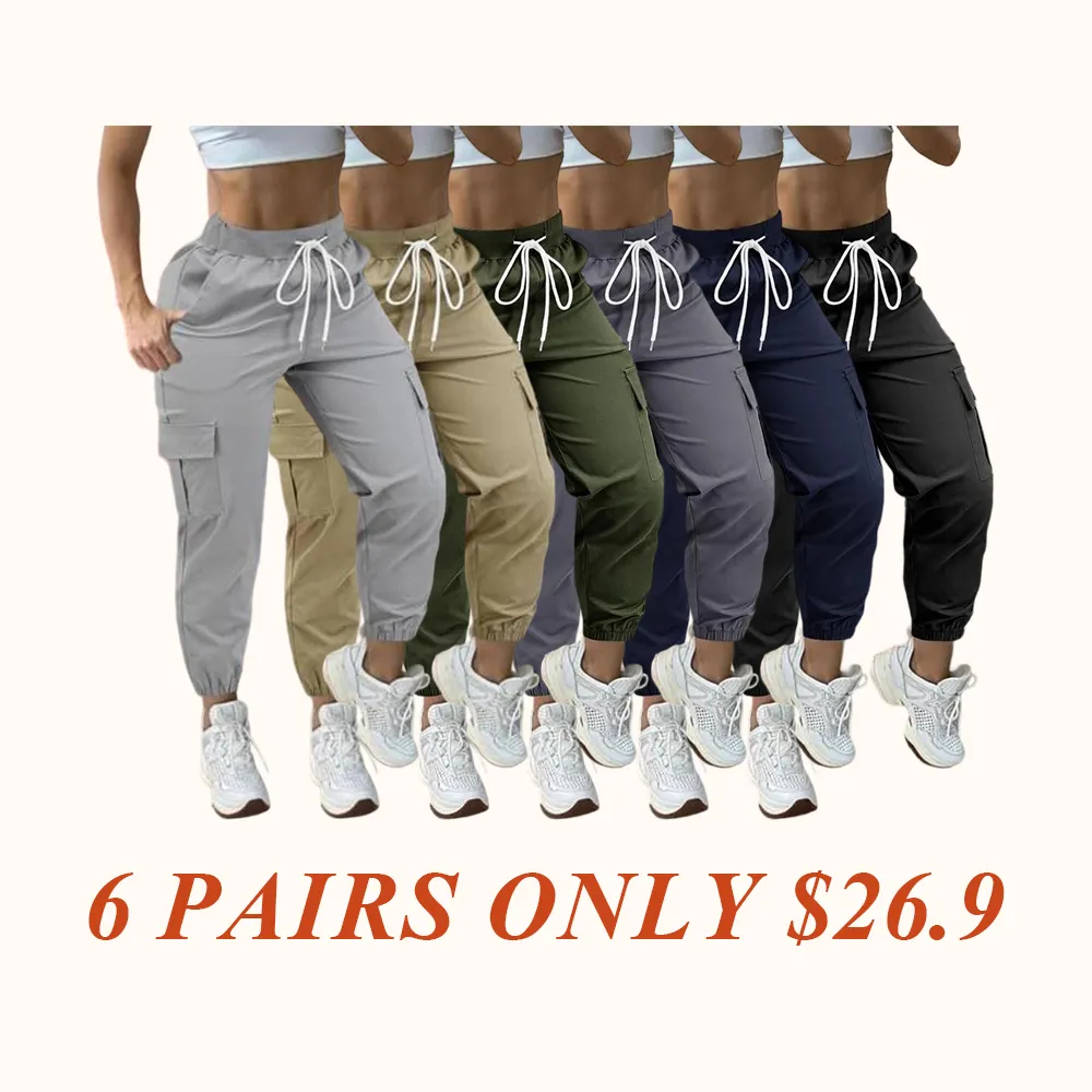 Women's Plain Drawstring Waist Cargo Pants, Casual Pocket Trousers for Daily Wear, Ladies Bottoms for All Seasons