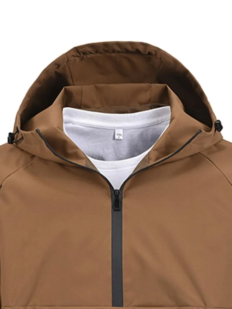 One black half-zip pullover with hoodie, outdoor camping style, large pockets, made of stain-resistant fabric