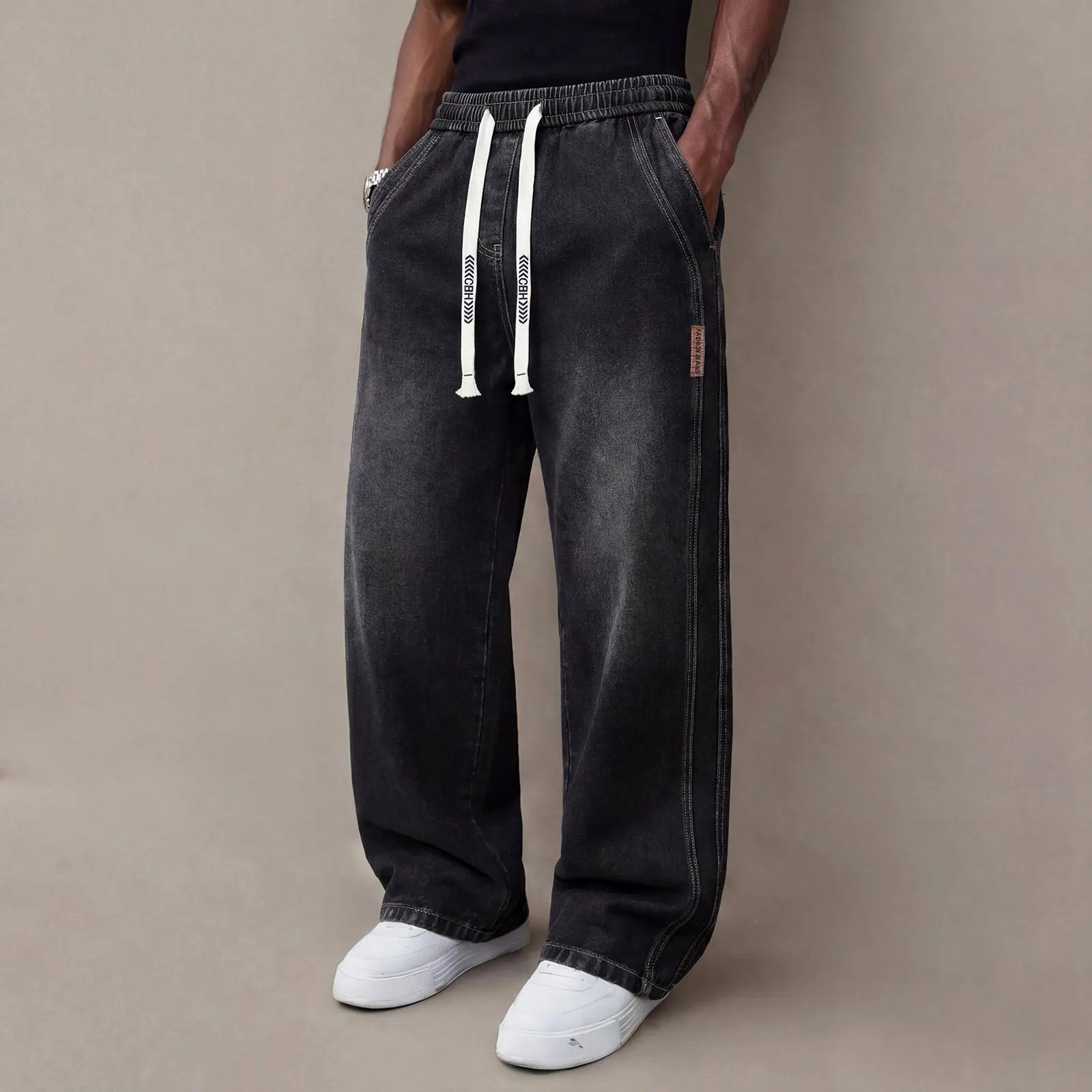 Men's Stretch Denim Jeans – Vintage Washed Straight Leg with Drawstring Waist