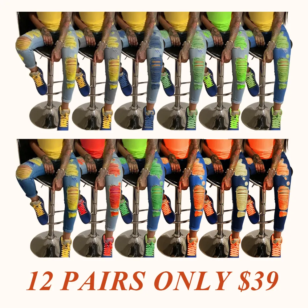 Women's Fashion Yellow Ripped Distressed Skinny Jean Slim Fit Denim Pants