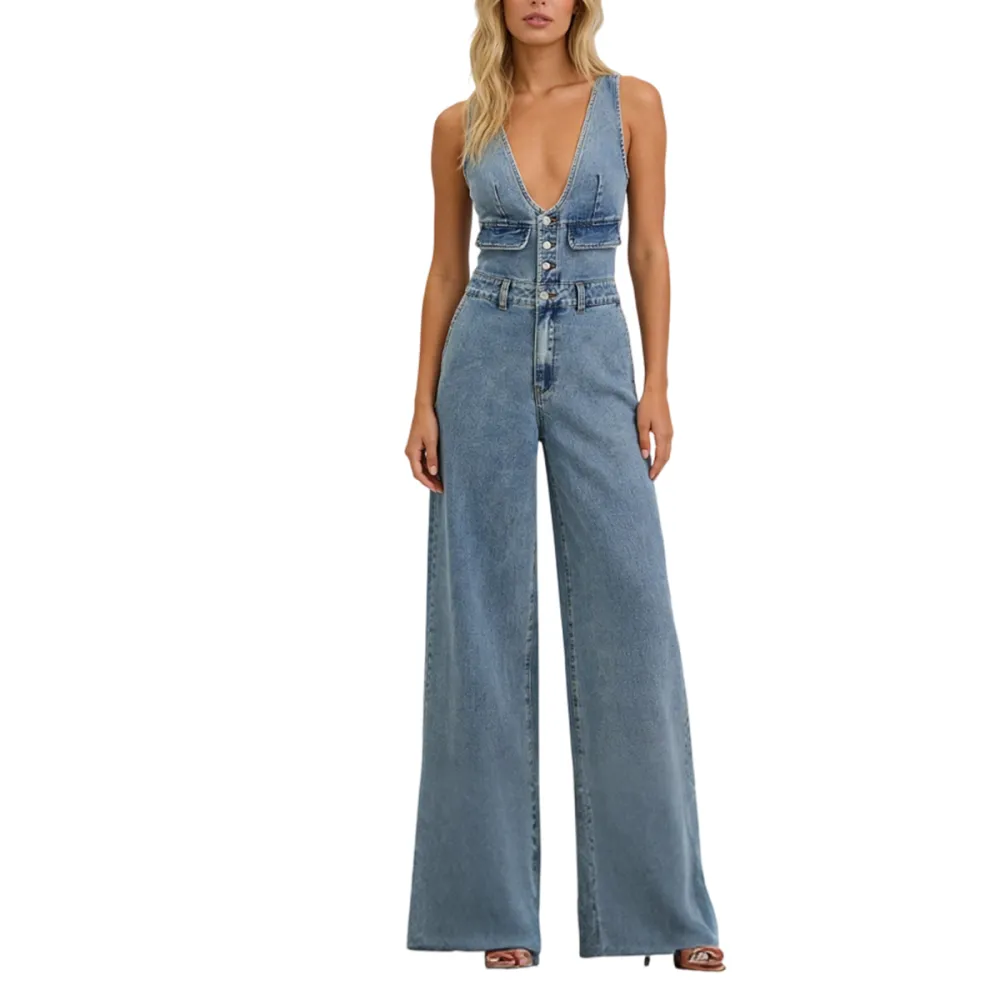 Womens Half Button Denim Jumpsuit Sleeveless V Neck Wide Leg Jeans Overall One Piece Outfits