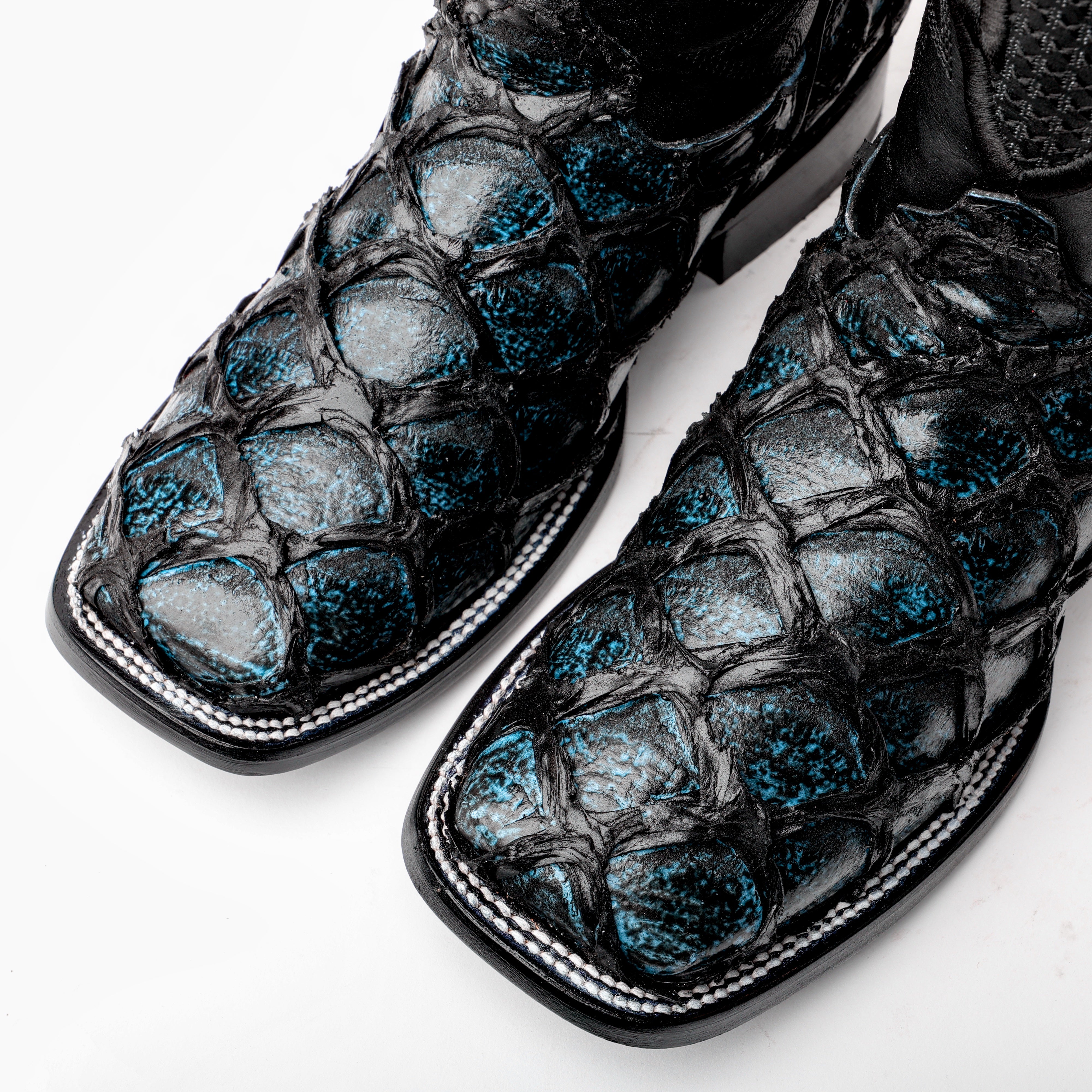 Midnight Blue Jumbo Pirarucu Leather Boots - Square Toe