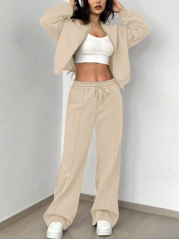 Two-piece Set Women's Solid Zip Up Drop Shoulder Jacket & Pocket Elastic Waist Pants