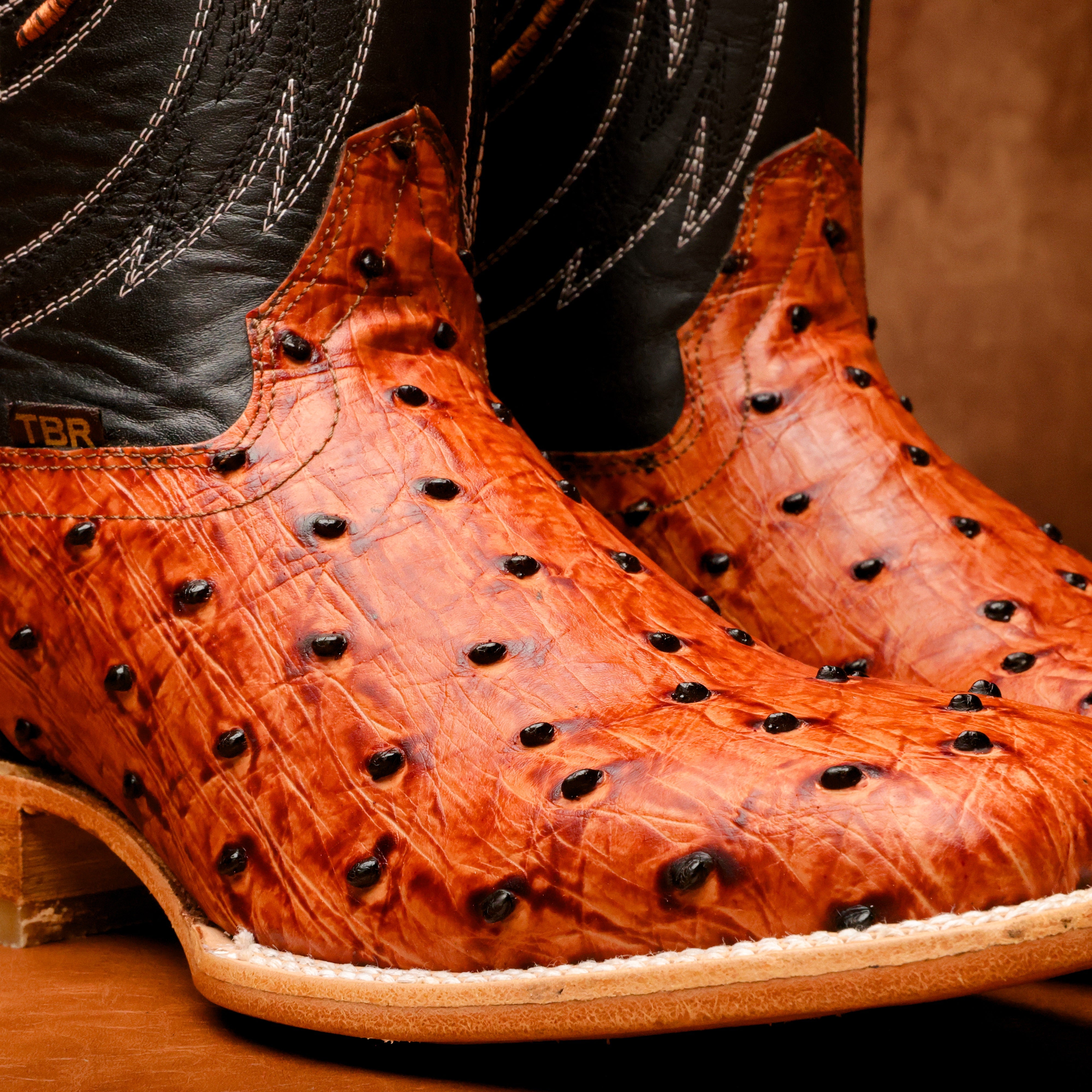 Cognac Ostrich Leather Boots - Square Toe