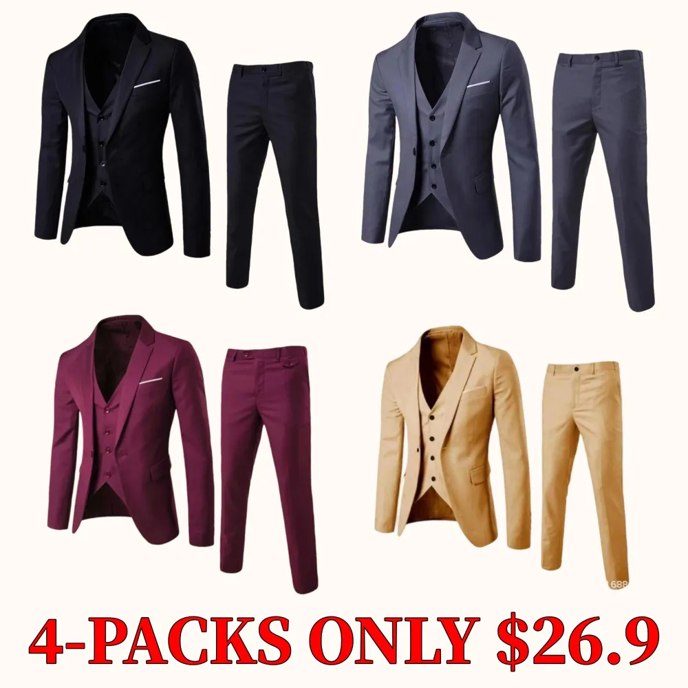 Men's three-piece suit, casual solid-color slim-fit formal wear