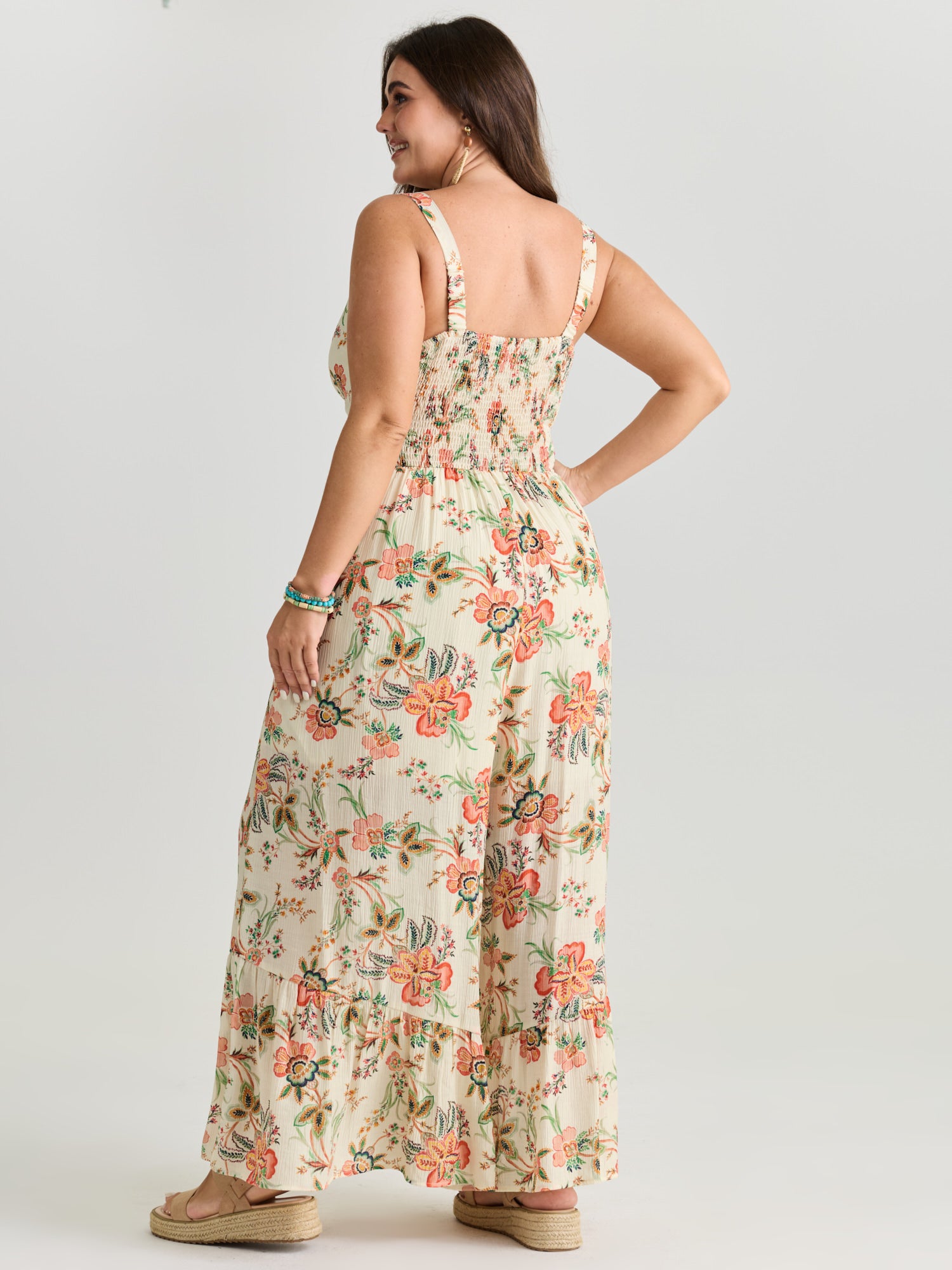 Floral Lace Trim Cinched-Waist Jumpsuit