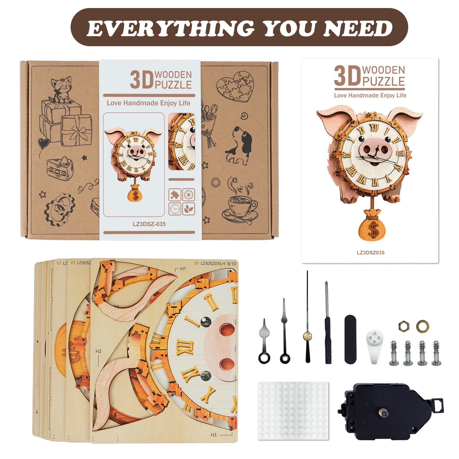 Pig – DIY Wooden Clock, 3D Puzzle Craft Kit