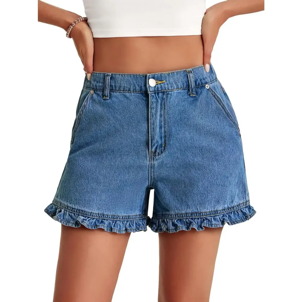 Womens Summer Ruffle Denim Shorts Cute High Waisted Cotton Short Jeans with Pockets