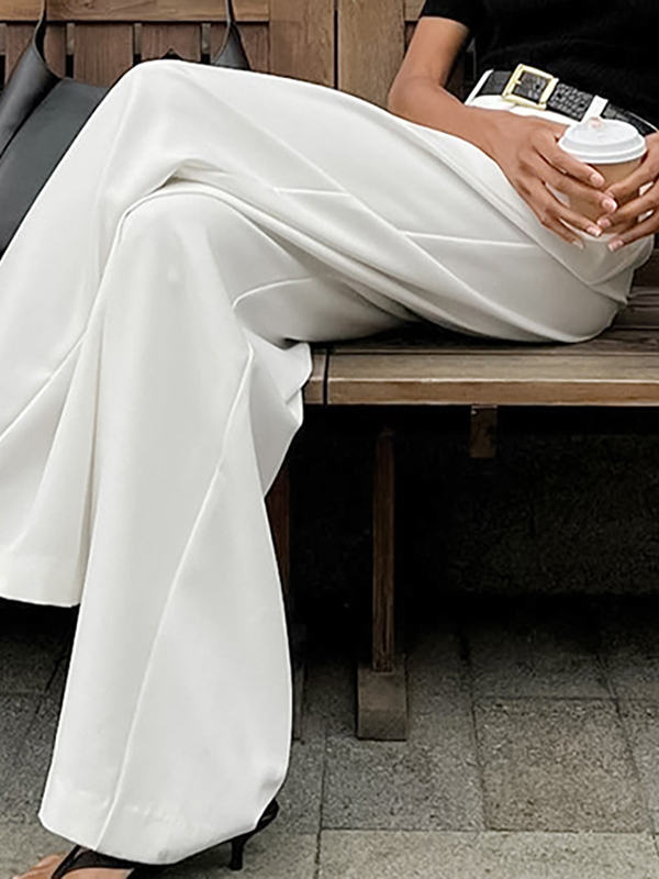 No Belt Pleated Pockets Solid Color High Waisted Loose Trousers Suit Pants