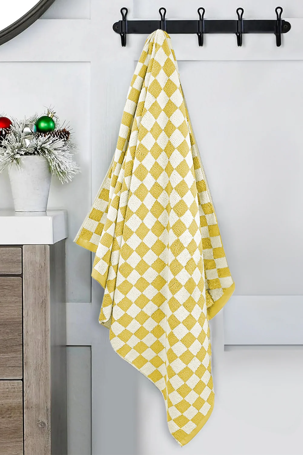 Yellow Cream Checkered Print Soft Large Bath Towel