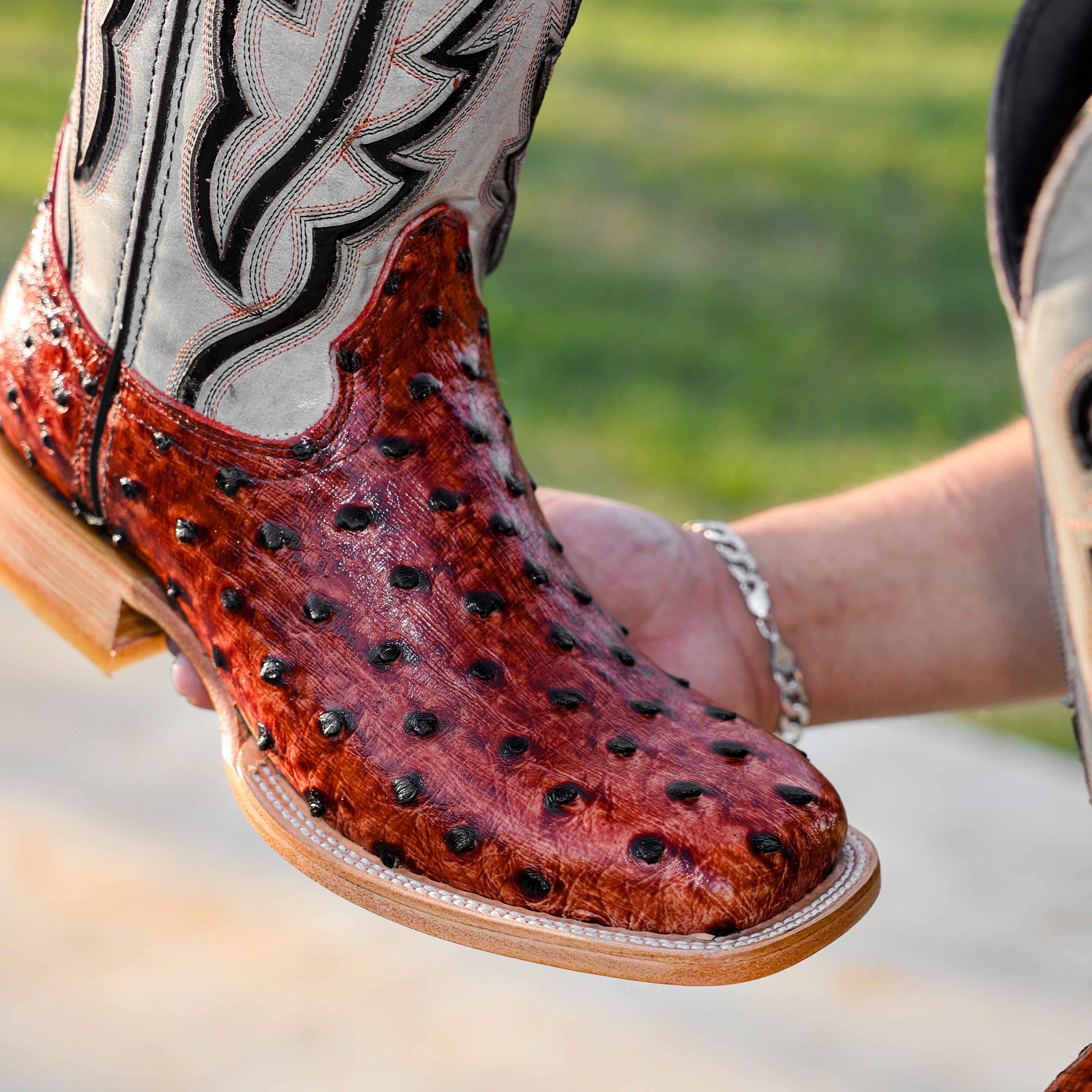 Cognac Ostrich Leather Boots - Square Toe