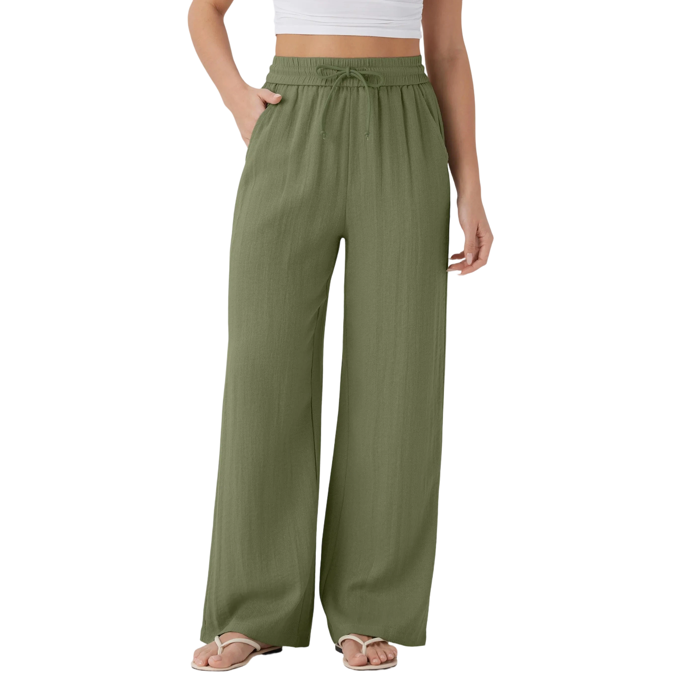 Women's High Waisted Drawstring Pocket Wide Leg Casual Linen-Feel Pants