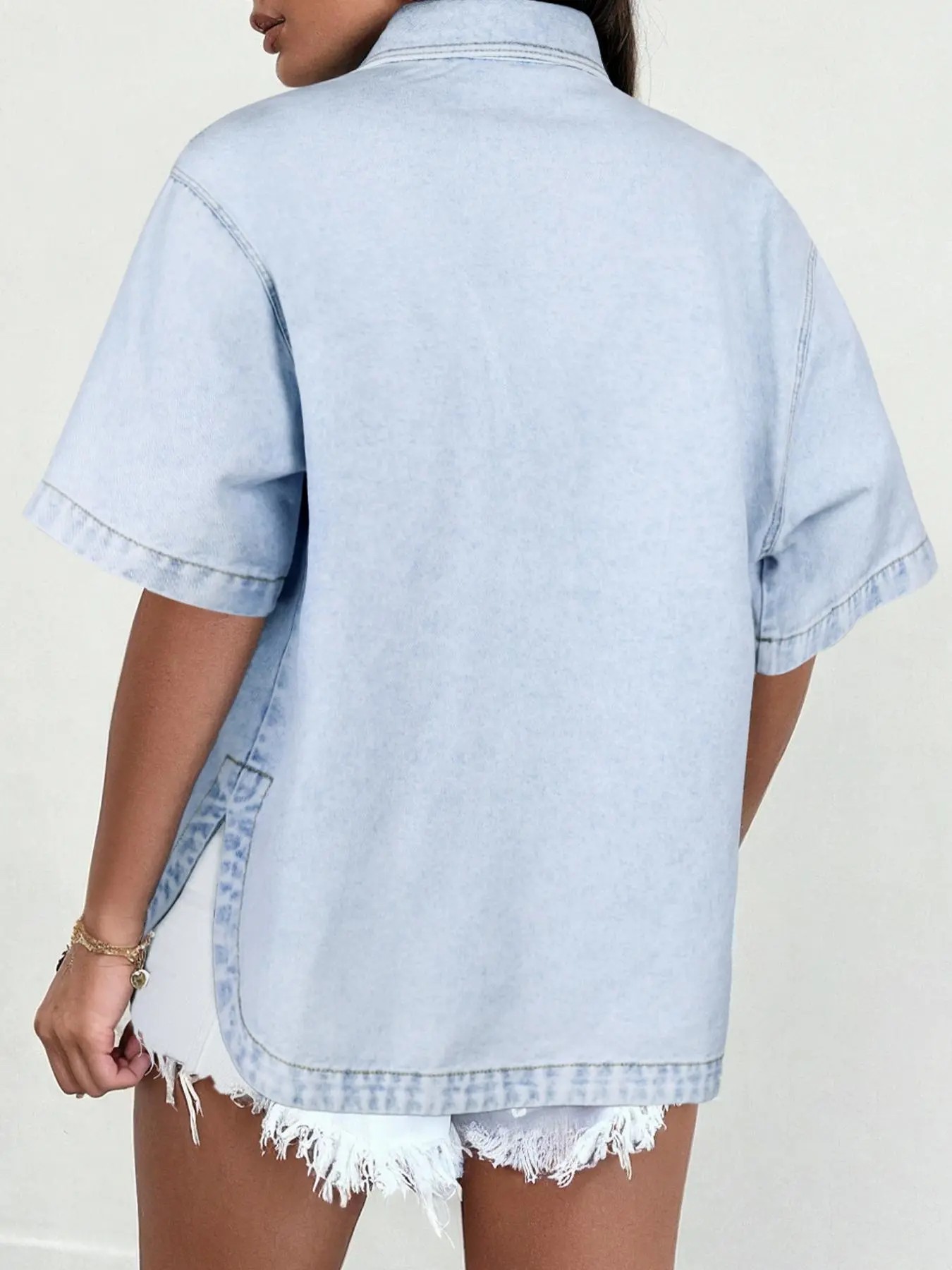 Women's Denim Shirt Jacket – Loose Fit Short Sleeve Casual Summer Coat