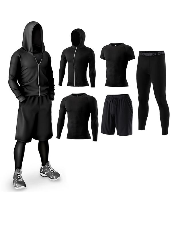 Men's Solid Tracksuit Set, Sporty Zipper Hooded Jacket & Top & Short Sleeve Tee & Letter Tape Waist Leggings & Drawstring Shorts