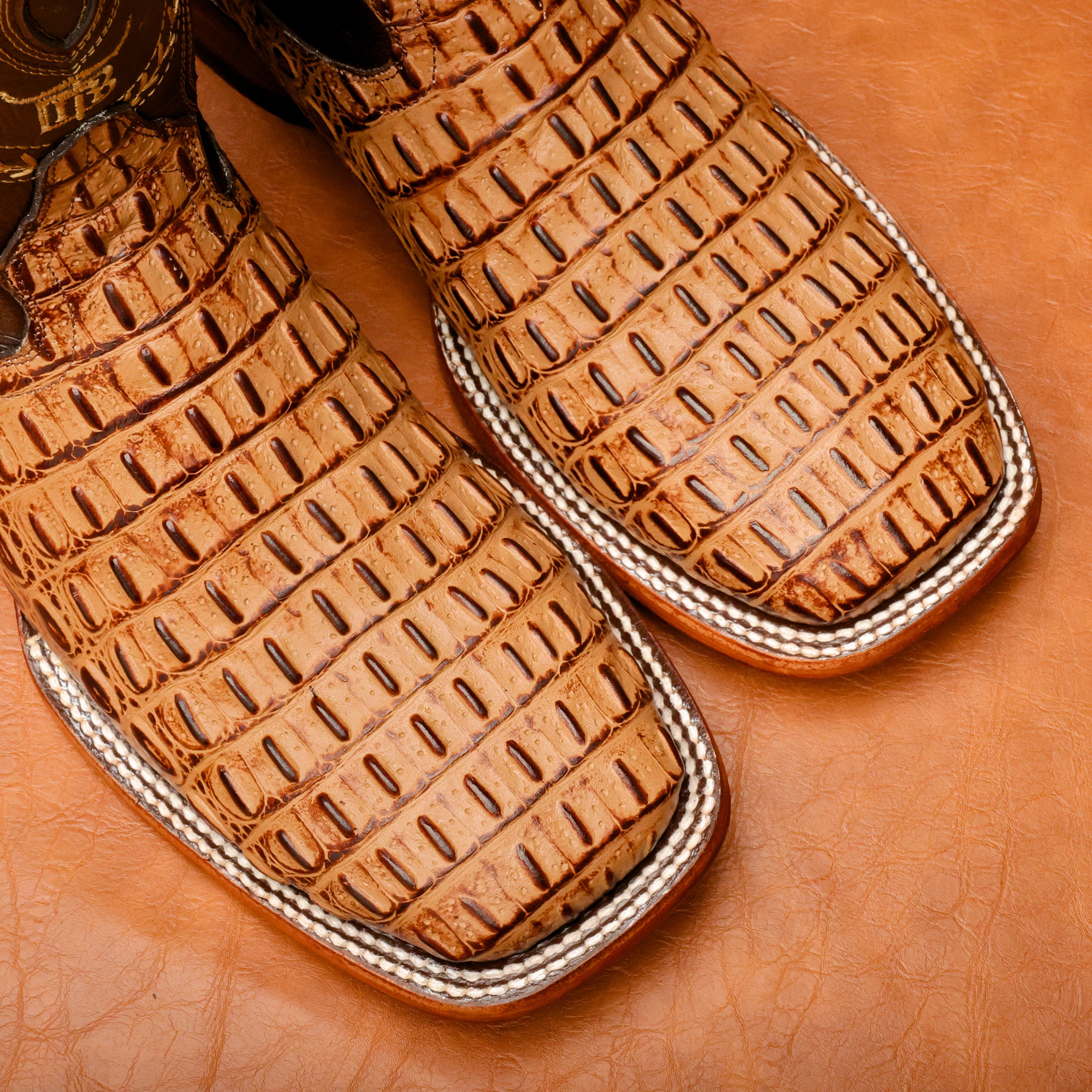 Honey Caiman Hornback Leather Boots - Square Toe