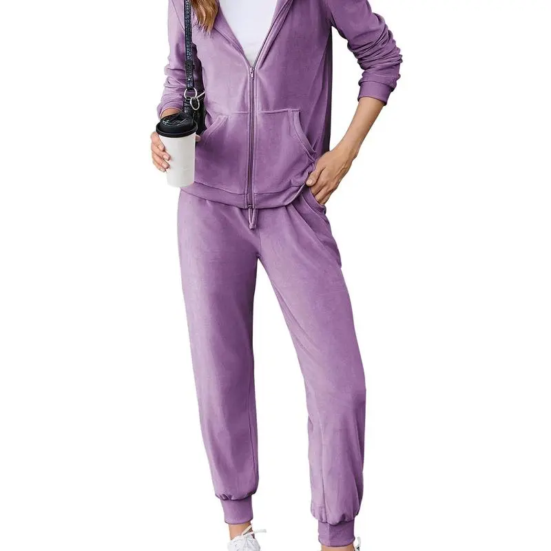 Women's Casual Velour Tracksuit Set Full Zipper Hoodie