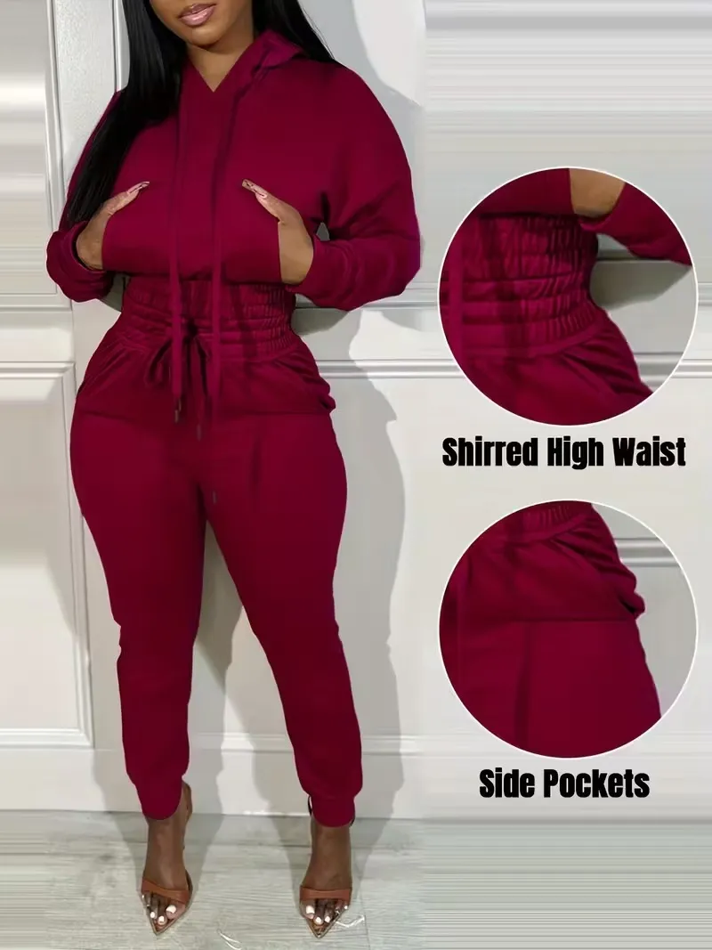 Womens 2 Piece Outfits Lounge Hoodie Shirred Waist Pocket Design Sweatshirt