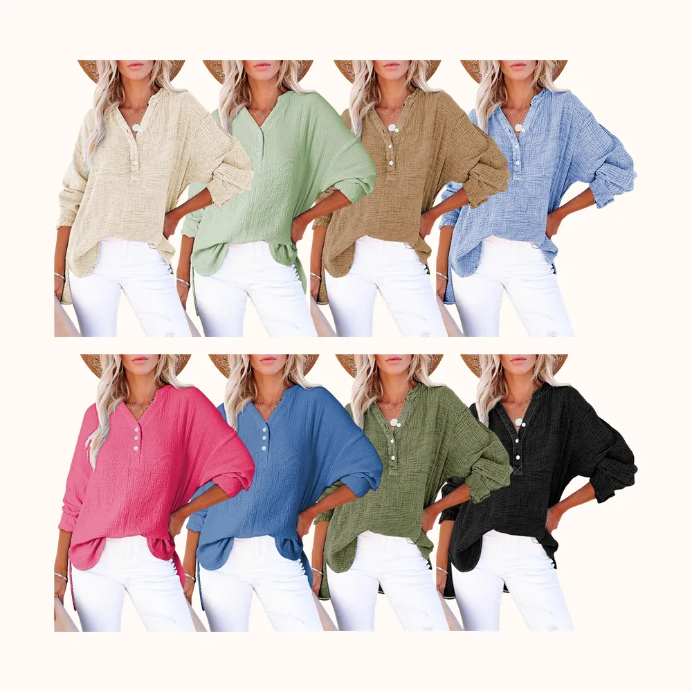 Women's Casual Button V Neck Long Sleeve Shirts Oversized Solid Blouses Tops