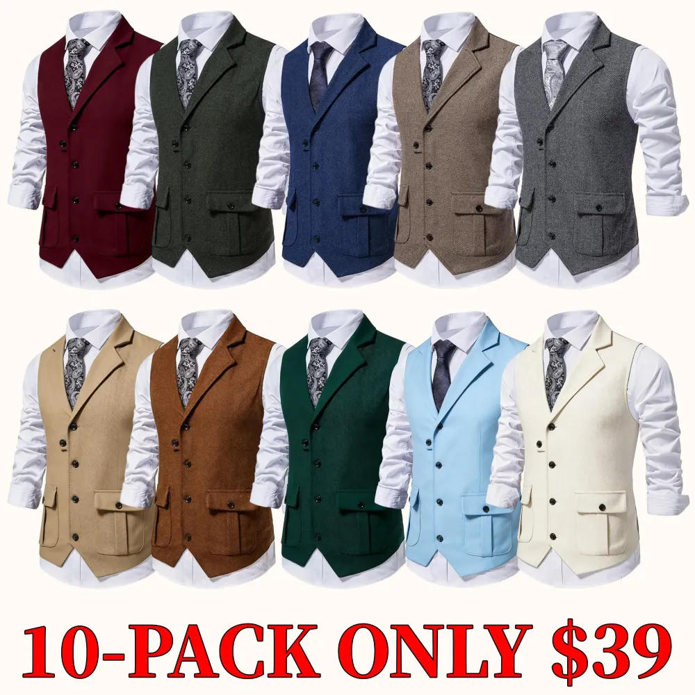 Men's solid color button-front vest with pockets