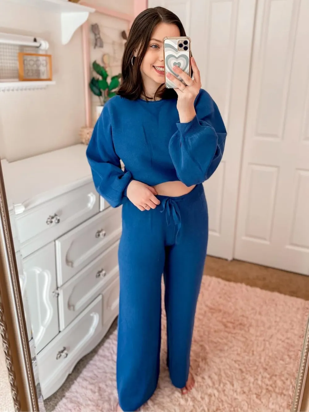 Womens Fall Winter Casual Solid Knitted 2 Piece Sets Long Sleeve Hoodie