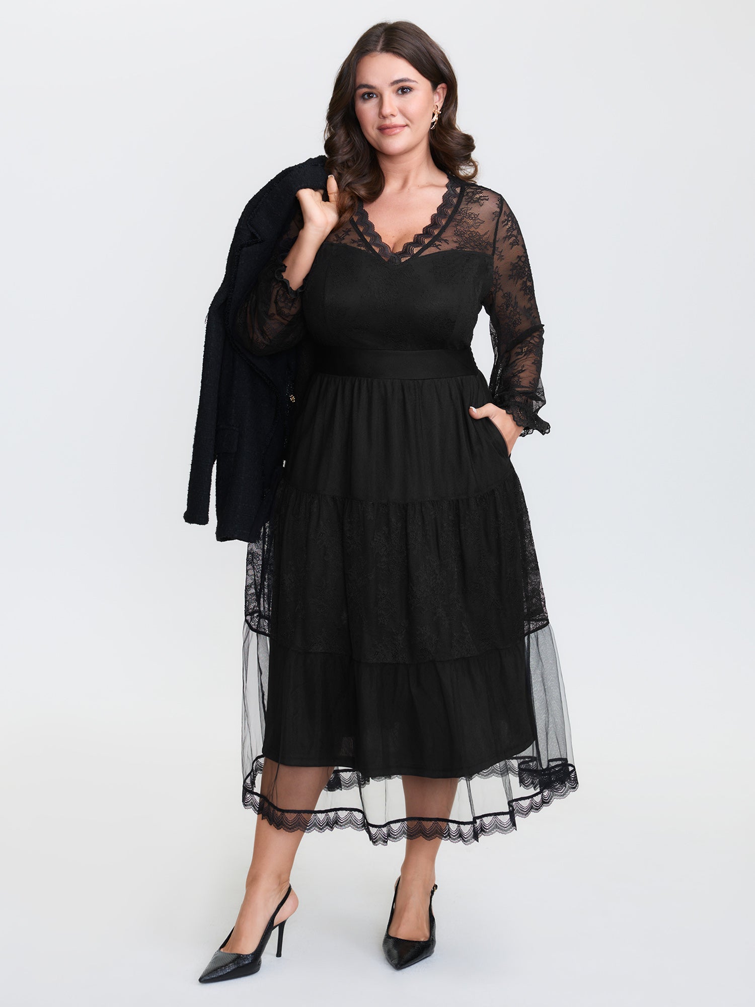 Sheer Lace Trim Stretchy Waist Midi Dress