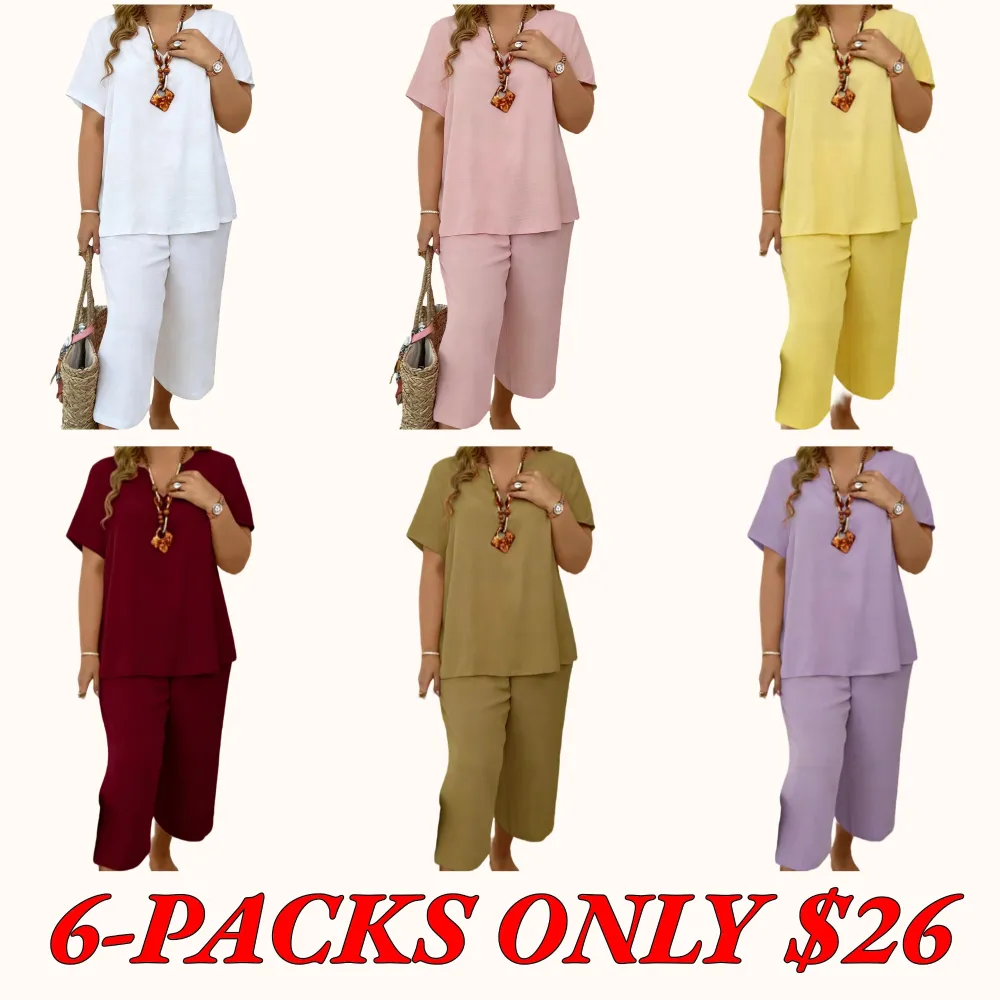 Elegant Plus-Size Women's Set: Solid-Color Short-Sleeve Fashion Top & Casual Wide-Leg Pants