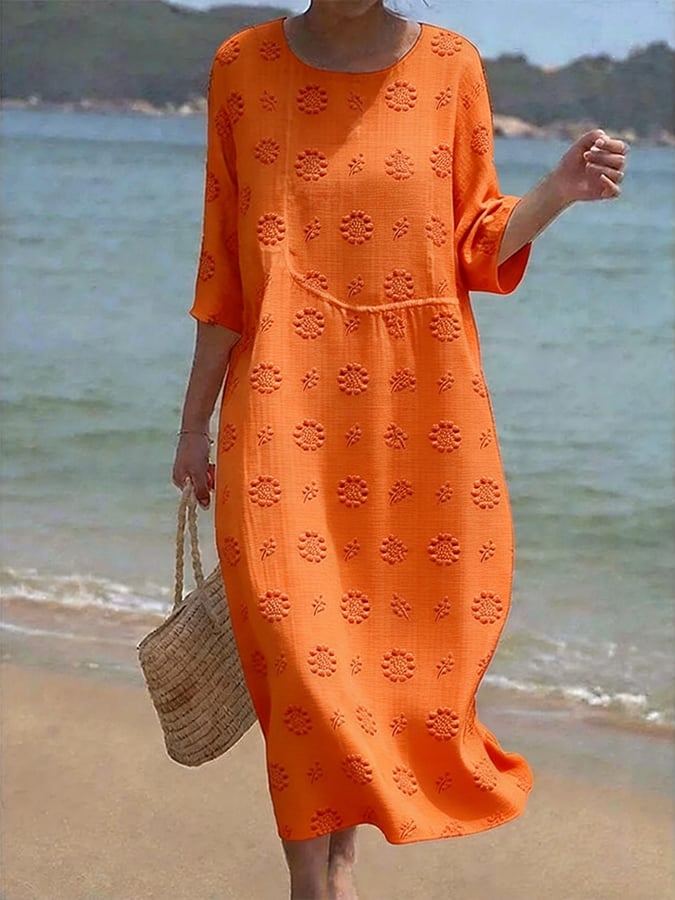 Women's Casual  Round Neck Mid Sleeve Print Cotton and Linen Dress- Fast Shipping