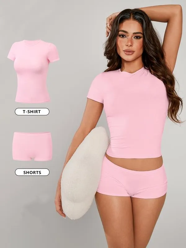 Women's Solid Crop Tee & Boxer Shorts Loungewear