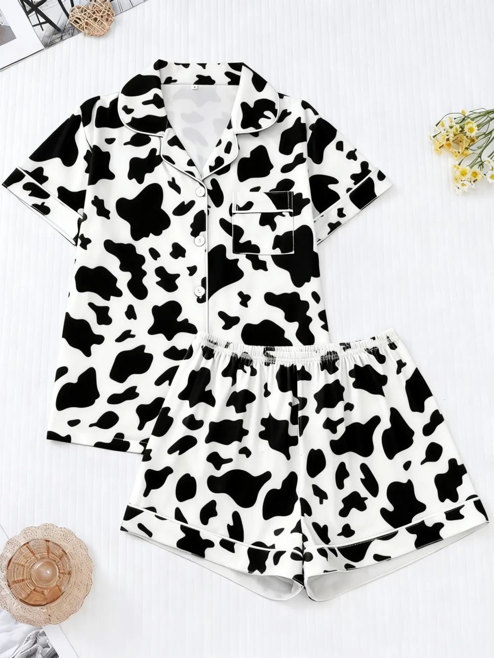 Women's Cow Print Contrast Binding Pyjama Set