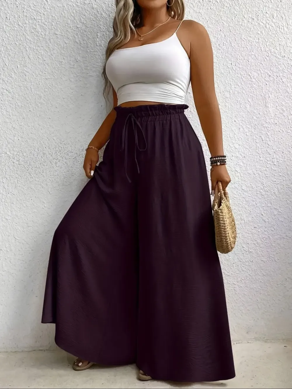 Elegant Plus Size Women's Wide Leg Pants, Loose Fit Commuter Style, Drapey Casual Trousers