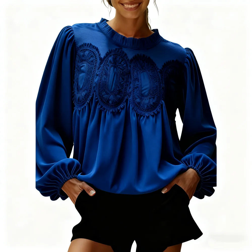 Women's Elegant Long-Sleeve Lace Velvet-Trim Swing Blouse