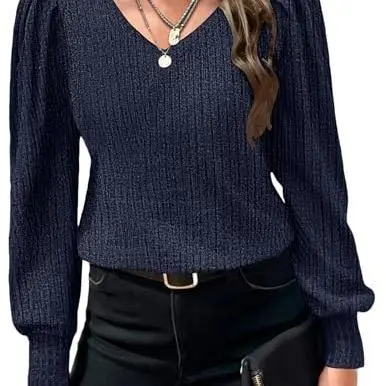 Women's Knit Shirt Soft Puff Long Sleeve Blouse Tops