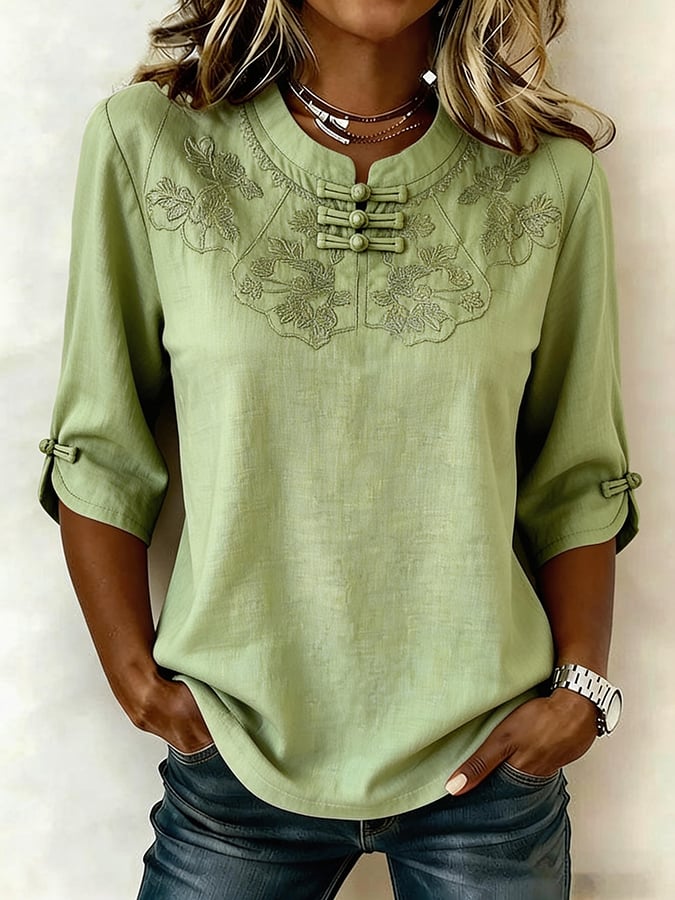 Women'S Cotton And Linen Floral Print Top