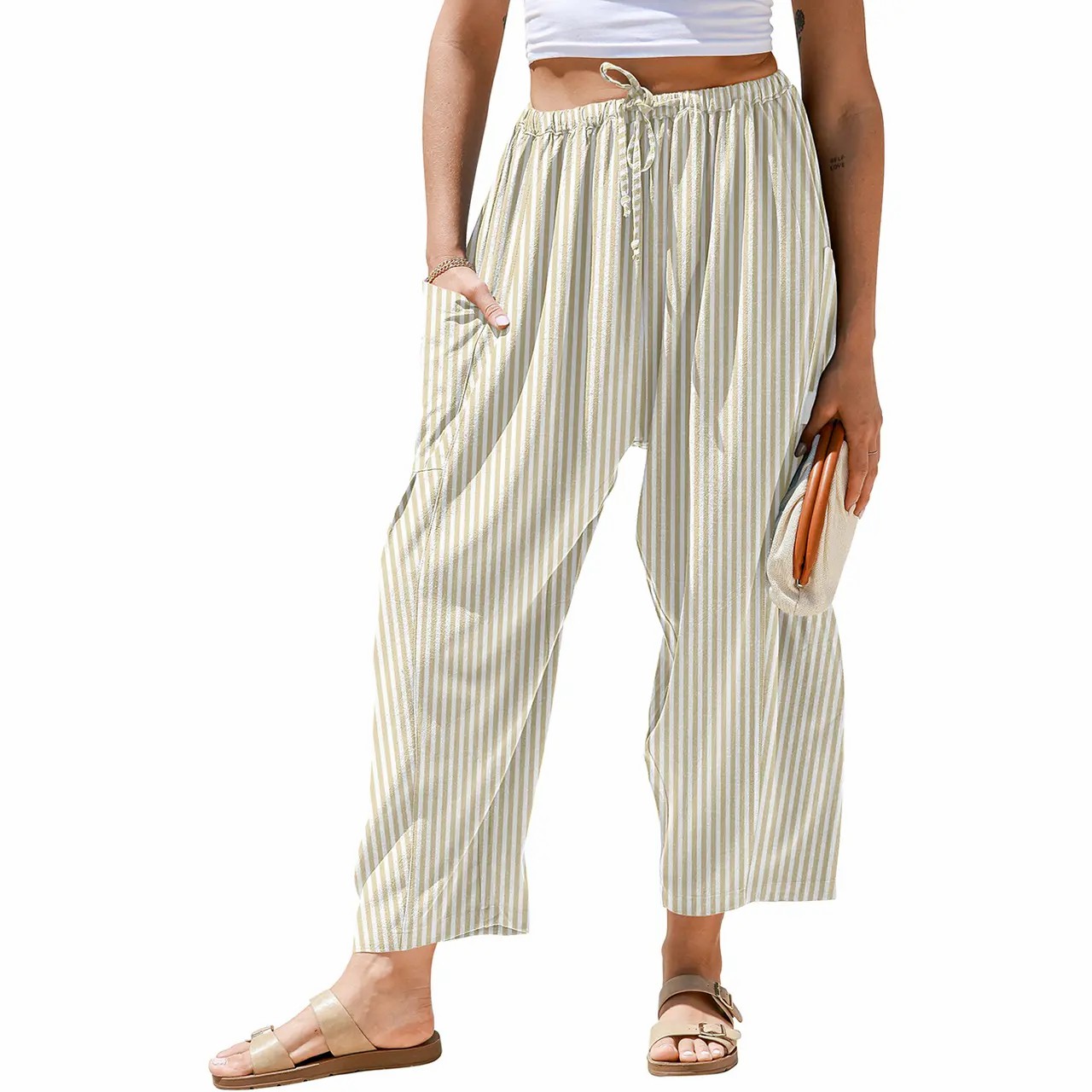 Women's Gingham Striped Wide Leg Pants – Low Waist Drawstring Palazzo with Pockets