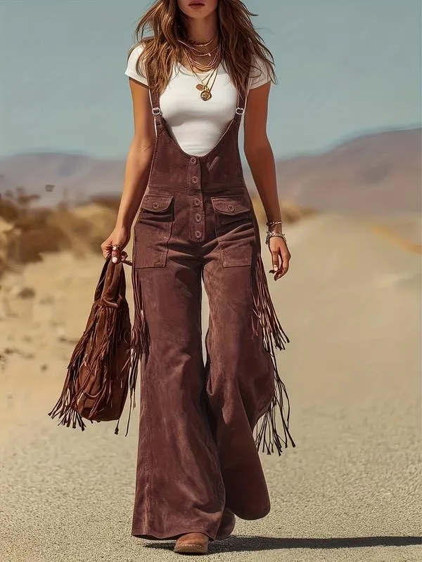 Women's Retro Faux Suede Fringe Wide-Leg Cargo Pants