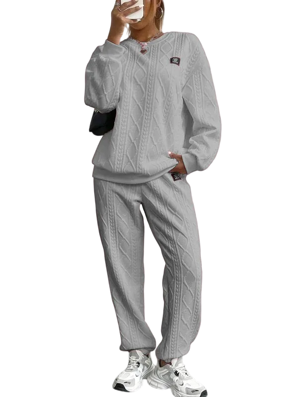 Women's Solid Patched Drop Shoulder Sweatshirt & Elastic Waist Pants Two-piece Set