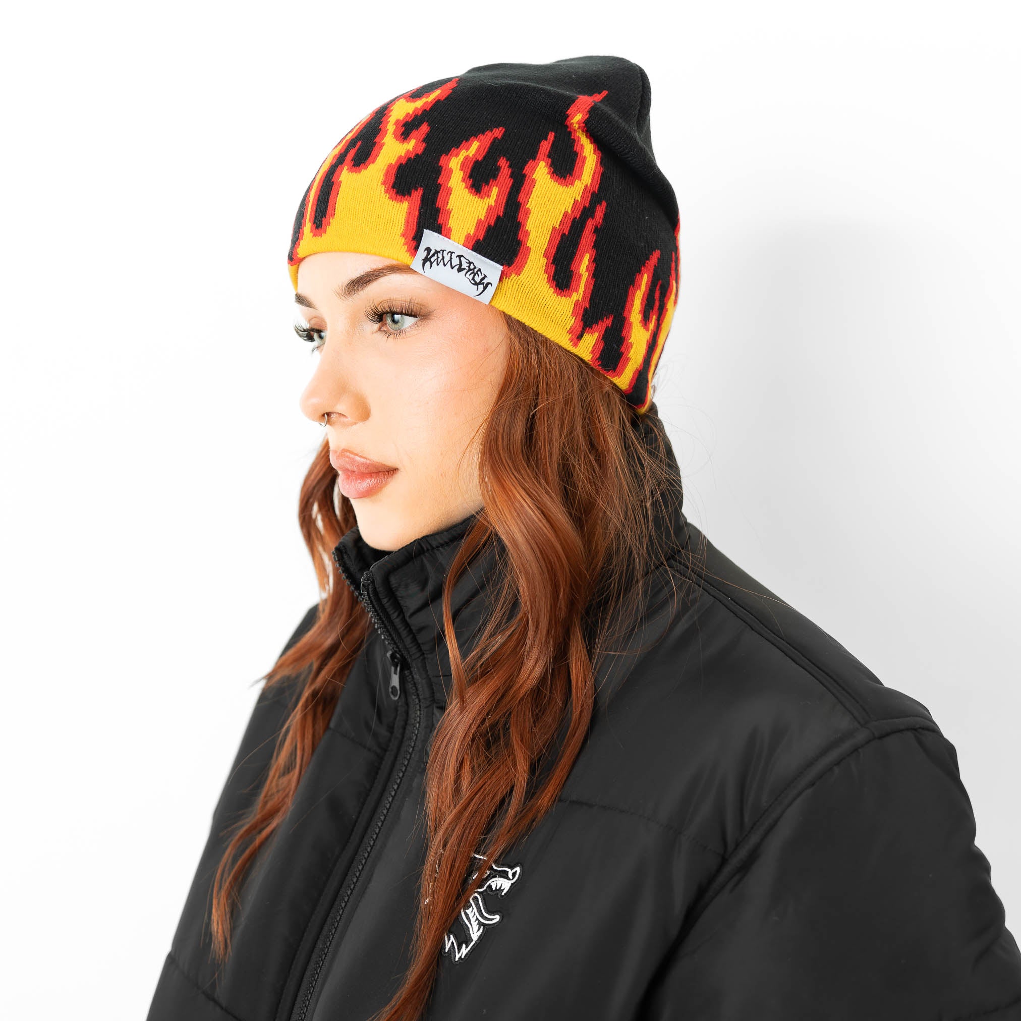 FLAME SKULL CAP BEANIE - BLACK / YELLOW
