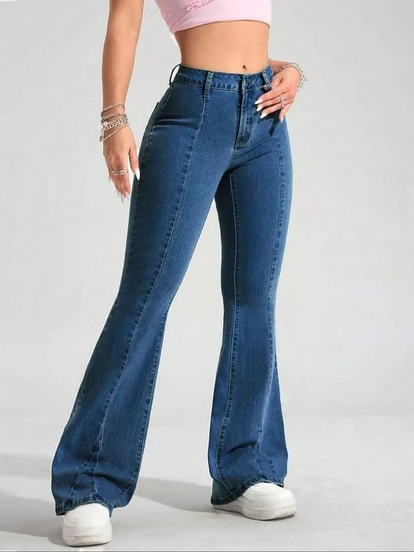 Women's Blue Washed Denim Flare Pants, Fashionable Comfortable Versatile Elastic Jeans