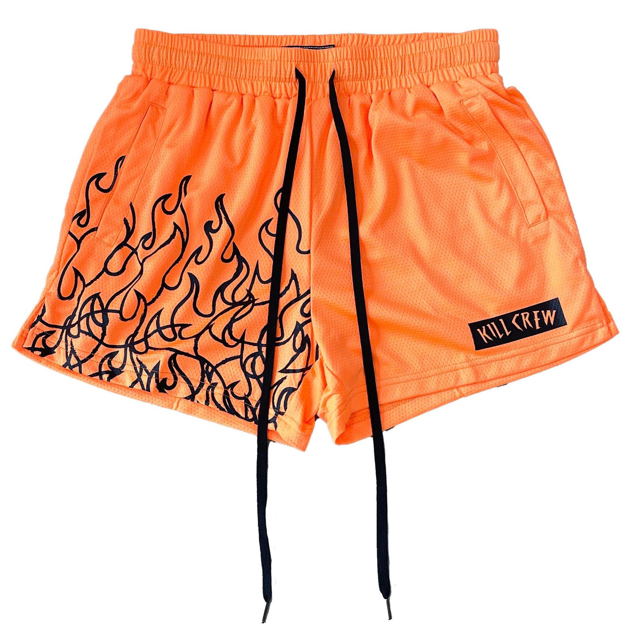 MUAY THAI FLAME SHORTS (MID THIGH CUT) - NEON ORANGE / BLACK
