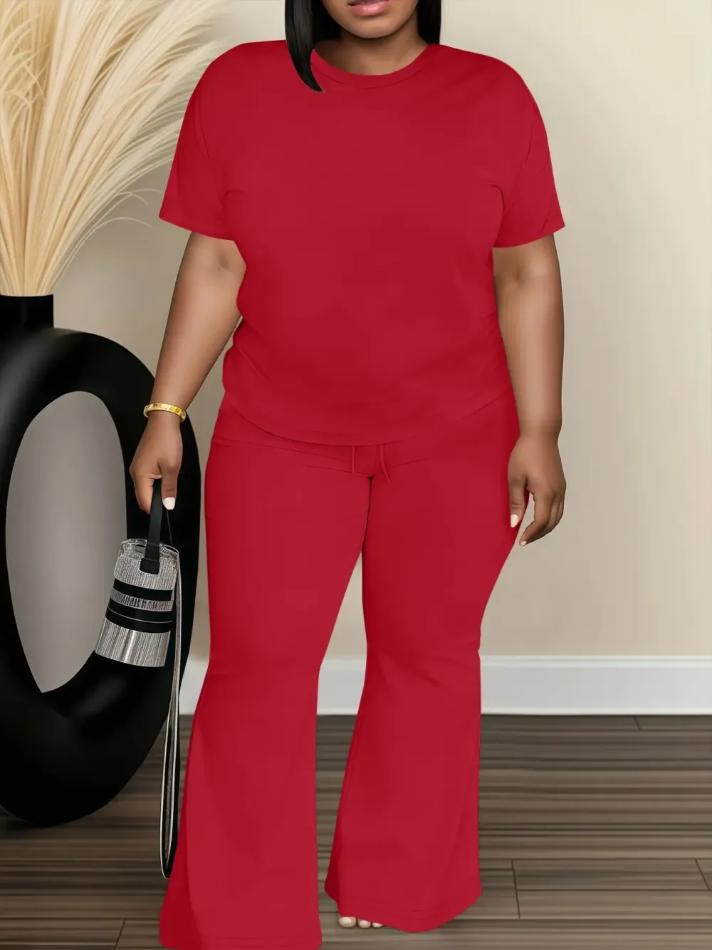 Women's Fashionable Big Size Casual Round Neck Short Sleeve Top & Loose Fit Straight Pants Set, Spring & Fall Comfortable Plain Design