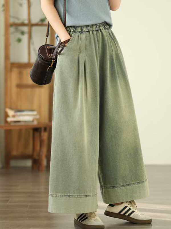 Elasticity Pleated Pockets Loose Wide Leg Trousers Jean Pants Bottoms