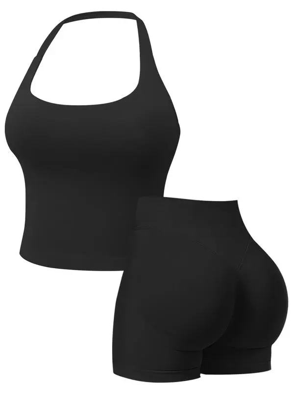 Two-Piece Set Women's Solid Color Halter Top & High Waist Shorts Sports Set