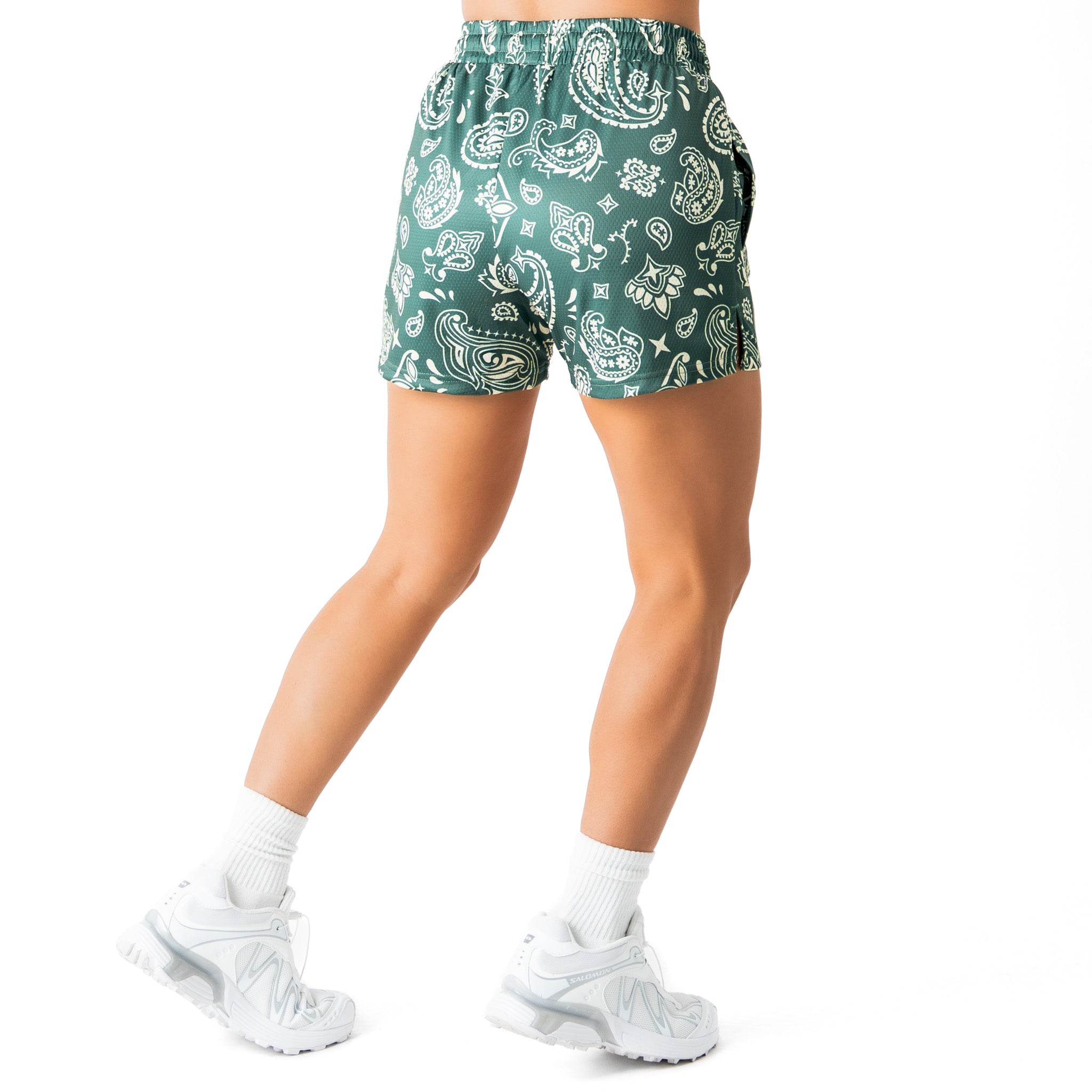 MUAY THAI SHORTS (MID THIGH CUT) BANDANA - GREEN / CREAM