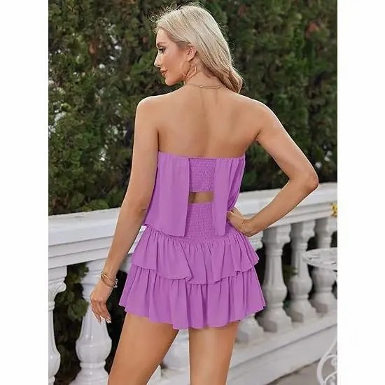 Women’s Off-Shoulder Smocked Romper – Flowy Strapless Summer Playsuit