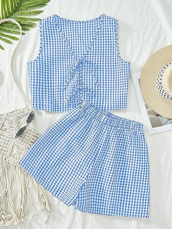Women's Plaid Print Tank Top & High Waist Shorts Set