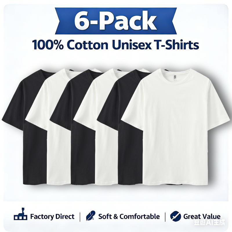 4.3 oz cotton T-shirt 6-Pack Classic Black & White Combo Factory Direct Unisex